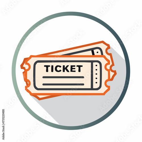 Two orange-edged event or admission tickets with the word "TICKET" prominently displayed on one, set within a circular frame