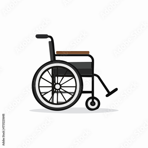 A simple wheelchair with large rear wheels, a seat, armrest, footrest, and handles for manual propulsion and support