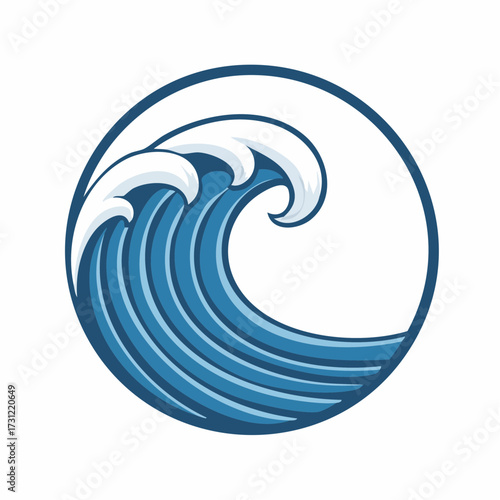 Stylized blue ocean wave with curling white crests inside a circular frame, representing water movement and energy in a clean, graphic design