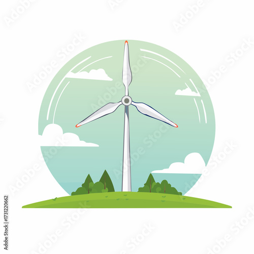 A large white wind turbine with three blades stands on a green hill surrounded by trees, symbolizing clean and renewable energy