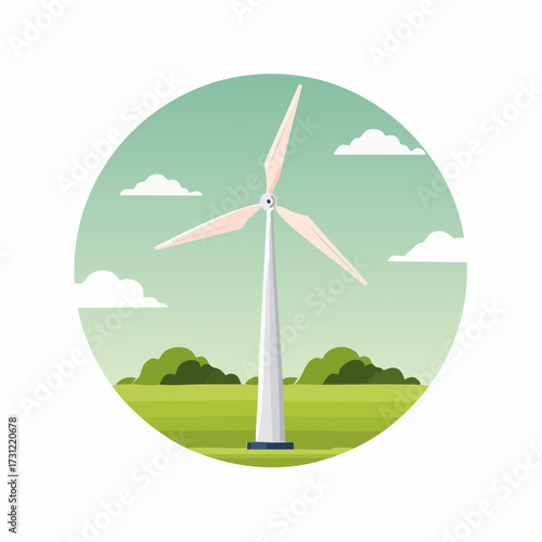 A tall white wind turbine with three blades stands on a green field with bushes and a light blue sky with scattered clouds