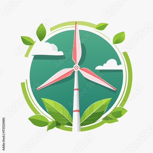 A stylized wind turbine with pink blades surrounded by green leaves and a circular design, symbolizing renewable energy and environmental sustainability