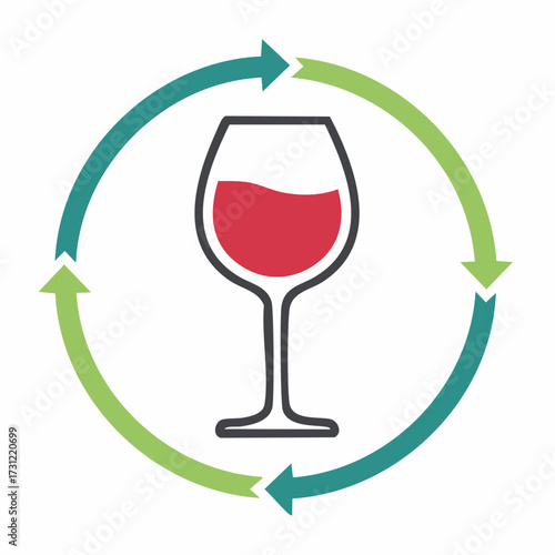 A wine glass partially filled with red wine is surrounded by a circular arrangement of alternating green and blue arrows pointing clockwise