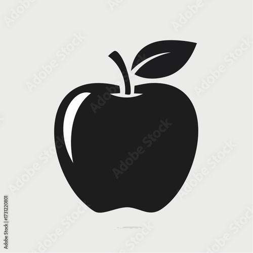 Black silhouette of an apple with a stem and a single leaf, featuring a highlight on the left side indicating a shiny surface