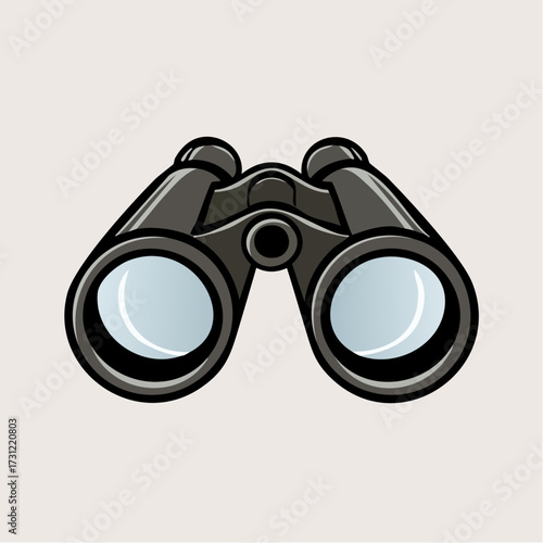 A detailed illustration of a classic black binoculars viewed from the front, showcasing its large circular lenses and sturdy frame designed for long-distance viewing