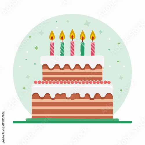 Two-tiered chocolate layered cake with white frosting, decorated with five lit candles in alternating pink and green stripes