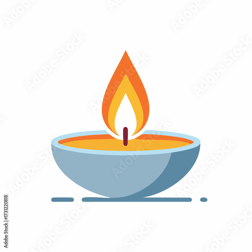 A lit candle in a blue holder with a bright orange and yellow flame, emitting a warm glow symbolizing light and warmth