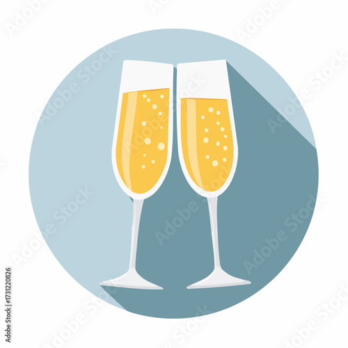 Two champagne flutes filled with bubbly golden champagne, standing upright and touching at the rims