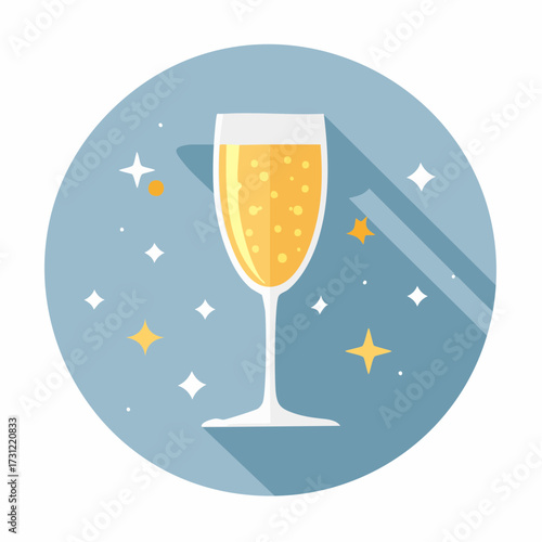 A tall champagne flute filled with bubbly golden sparkling wine, surrounded by shining stars and sparkles, symbolizing celebration and festivity