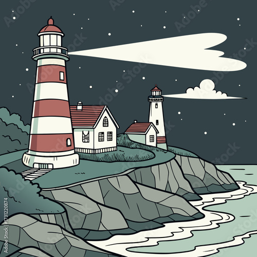 Coastal lighthouse scene at night with two towers and a beam of light shining through the dark sky