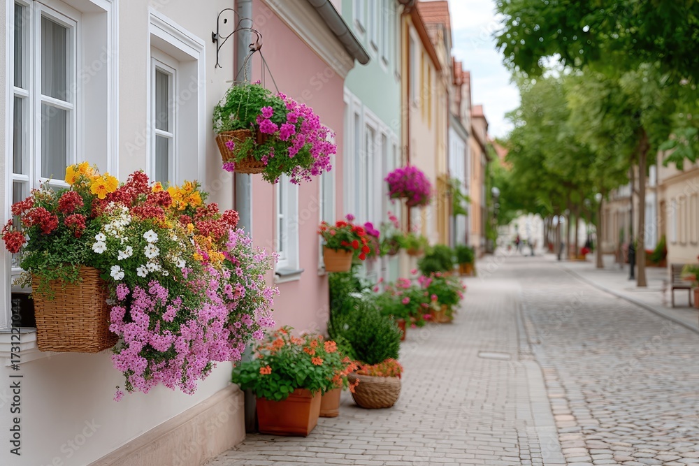 Fototapeta premium Close Up View of European Traditional Houses with Flower Baskets on Windows on a Cobblestone Street