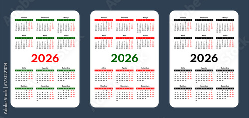 2026 pocket calendar set, simple vertical calendar design template, portuguese language month names, two weekends, monday first