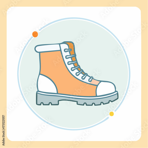 A single orange and white hiking boot with laces and a sturdy sole designed for outdoor activities and rough terrain