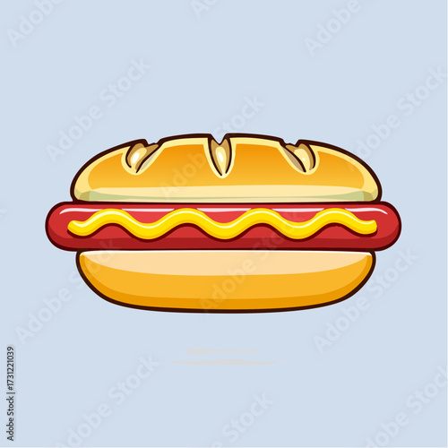 Illustration of a classic hot dog sandwich with a sausage in a bun topped with a zigzag of yellow mustard