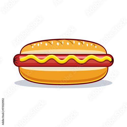 Hot dog with mustard in a sesame seed bun, featuring a grilled sausage and a wavy line of yellow mustard on top
