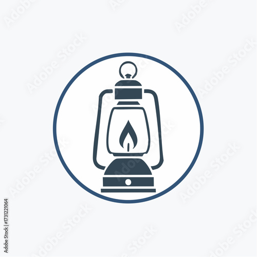 Vintage lantern icon with a flame inside, encased in a circular border, representing classic lighting or camping equipment