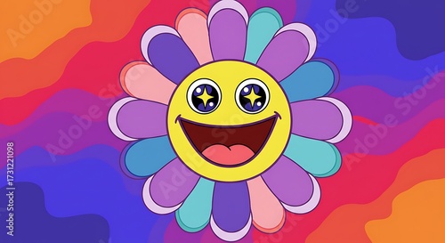 Smiling flower cartoon illustration against colorful psychedelic background
