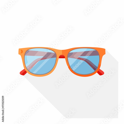 Orange-framed sunglasses with blue reflective lenses and red temple tips, designed in a modern style with a long shadow effect