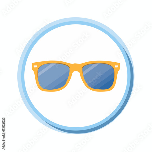 Yellow-framed sunglasses with blue reflective lenses centered within a blue circular border