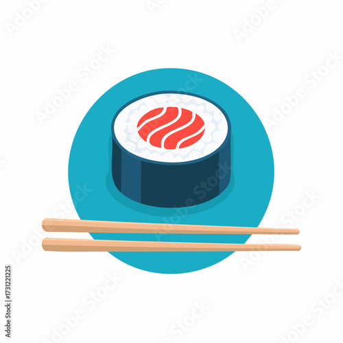 A piece of salmon sushi roll with rice wrapped in seaweed, accompanied by a pair of wooden chopsticks on a blue circular plate