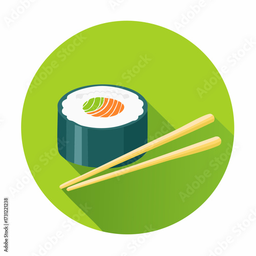 A single piece of sushi roll with salmon and avocado filling, accompanied by a pair of wooden chopsticks resting beside it
