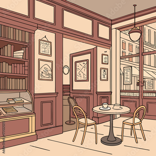 Cozy cafe interior with bookshelves display case and small table with two chairs