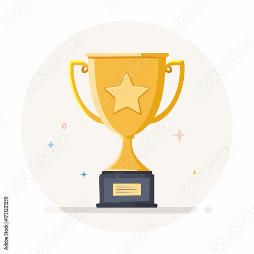 Golden trophy cup with handles and a star emblem on the front, mounted on a black base with a nameplate