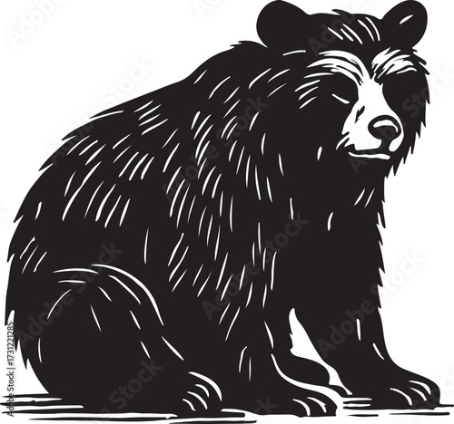 Black bear rendered in a bold woodcut style with detailed fur texture sitting calmly and looking forward