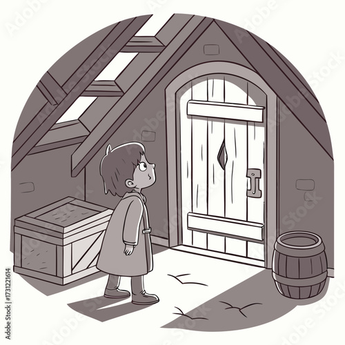 Curious child stands in a dusty attic looking up at a mysterious wooden door