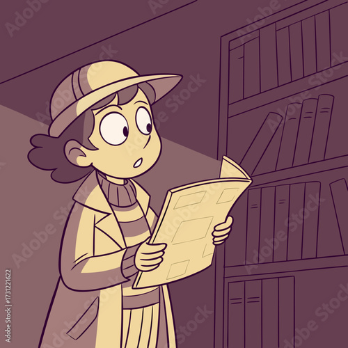 Curious young girl in a trench coat and hat reads a newspaper in a dimly lit library