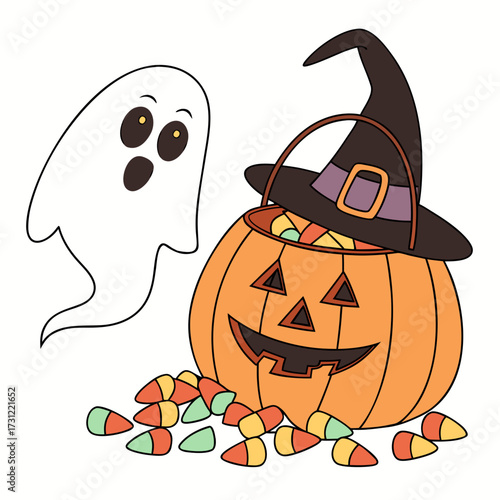 Cute cartoon ghost and jack o lantern candy bucket overflowing with candy corn