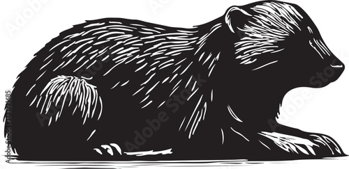 Detailed black and white woodcut illustration of a powerful grizzly bear sitting in profile with a textured fur effect