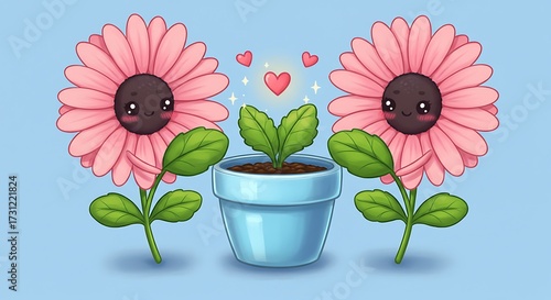Smiling flowers with potted plant and hearts on a light blue background