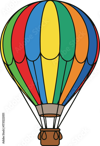 A vibrant, brightly multicolored hot air balloon illustration. 