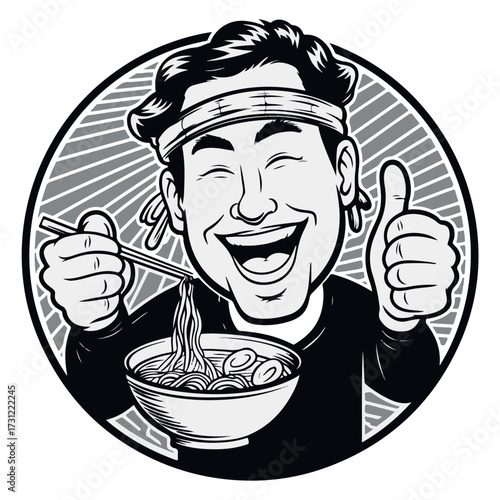 Smiling man with headband holds chopsticks with noodles and gives a thumbs up, presented in a circular graphic.