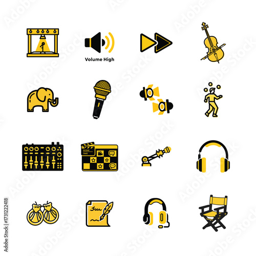 Duotone icon set capturing music and entertainment elements in yellow and black