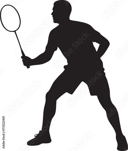 Dynamic silhouette badminton player in action holding a racquet isolated on white background