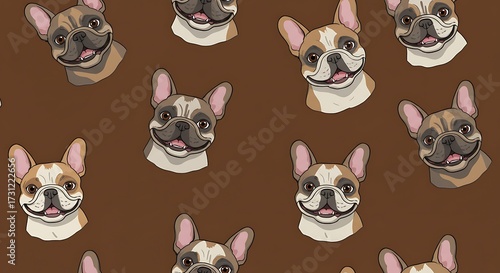 Smiling french bulldog heads pattern on brown background repeating