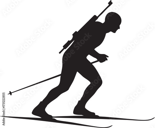 Dynamic silhouette biathlete skiing with rifle and poles isolated on white background