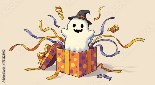 Smiling ghost in a gift box surrounded by colorful ribbons and confetti