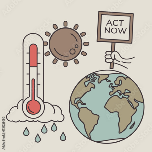 Illustration of earth with a thermometer showing high temperature and a hand holding an act now sign