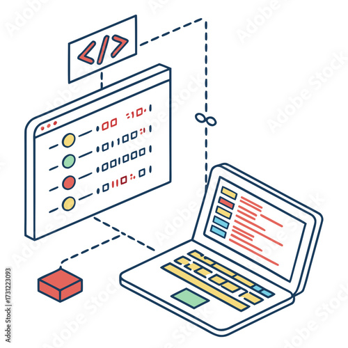 Isometric illustration of a laptop and computer screen displaying code and binary data