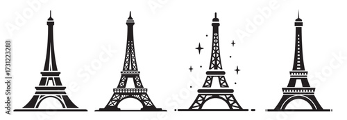 Eiffel Tower silhouettes. Black and white icons of famous architectural landmarks in Paris, France. Cultural monument. Flat vector illustration collection