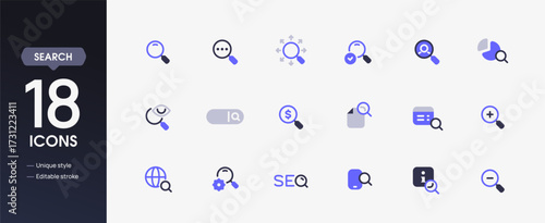 Search set of icons. Colorful signs with magnifying glass, search bar, optimization, internet, and incognito mode. Design elements for app. Flat vector illustration collection