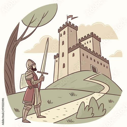 Medieval knight with sword approaching a castle on a hill