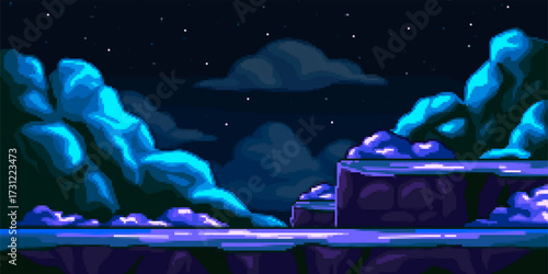 Pixel art space background. Space landscape of planet or moon surface with craters, mountains, and starry night sky. Retro arcade game level. 8 bit vector illustration