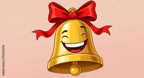 Smiling golden bell with red ribbon on pink background illustration