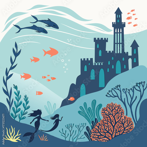 Mystical underwater castle scene with mermaids swimming among fish and marine plants