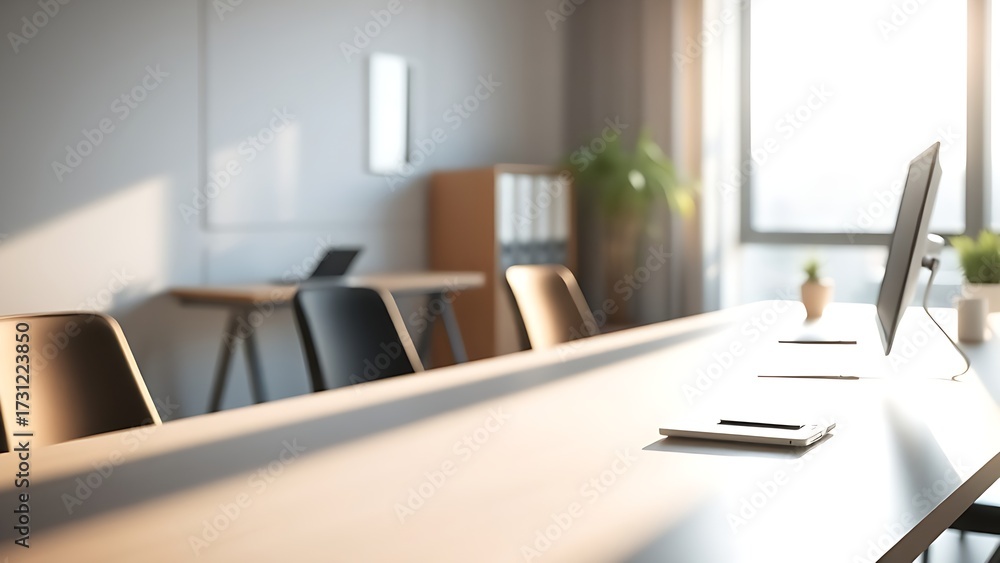 Fototapeta premium Sunlit empty desk in a minimalist office setting, conveying a professional and organized atmosphere.