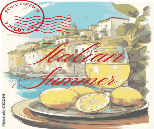 Italian Amalfi Italy Postcards euro summer lemons trending branding cute novelty conversational europe slogan fish sun landscape fashion script logo Tee t-shirt artwork typography tote badge vector